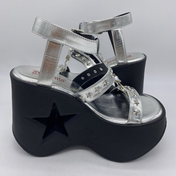 Demonia Dynamite Platform Wedge Sz 7 Silver Star Cutout Rave EDM Festival Gothic - Picture 10 of 15